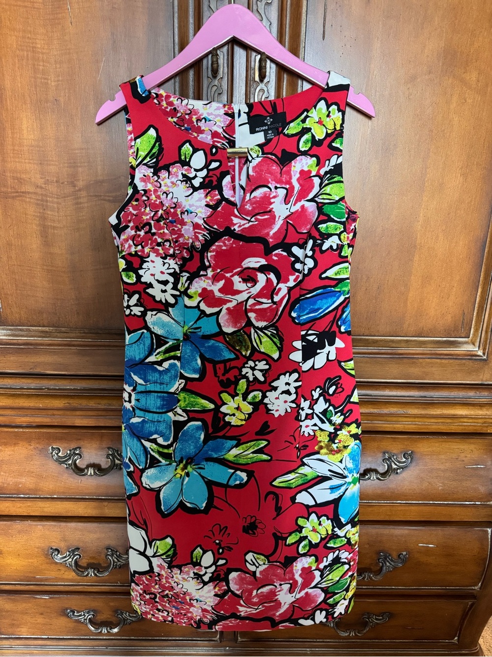 Ronni Nicole Red Floral Shift Dress with Blue and Green and Gold accents